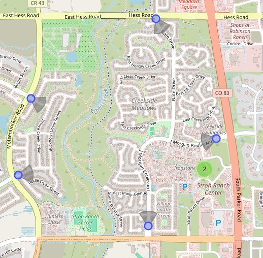 Map showing Flock camera locations in the Parker, CO area